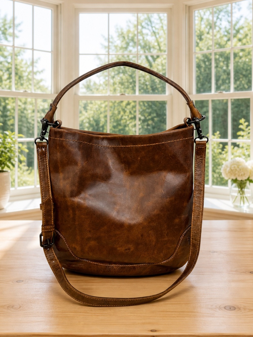 NWOT Authentic Frye Melissa Cognac Brown Leather Hobo Shoulder Slouchy Bag New